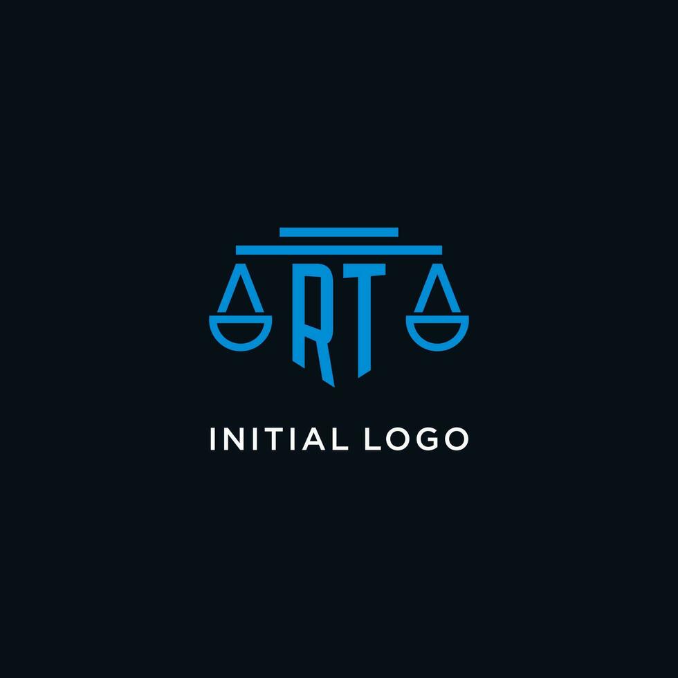 RT monogram initial logo with scales of justice icon design inspiration vector