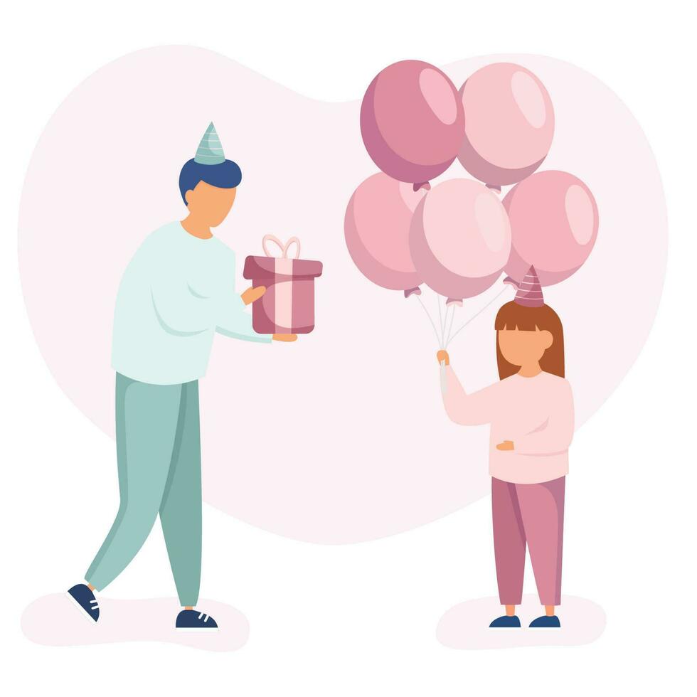 Dad gives his daughter gift box. Girl holding balloons for celebrating birthday party.  Happy birthday concept. vector