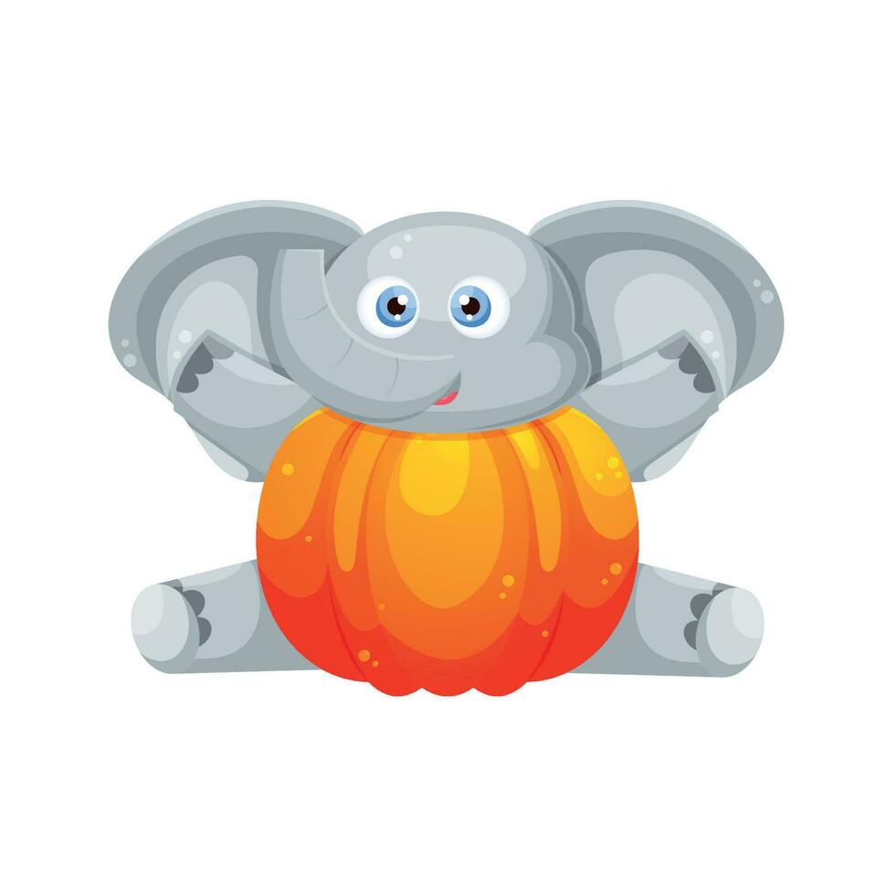 Cute vector cartoon elephant child sitting. Mascot animal with pumpkin instead body
