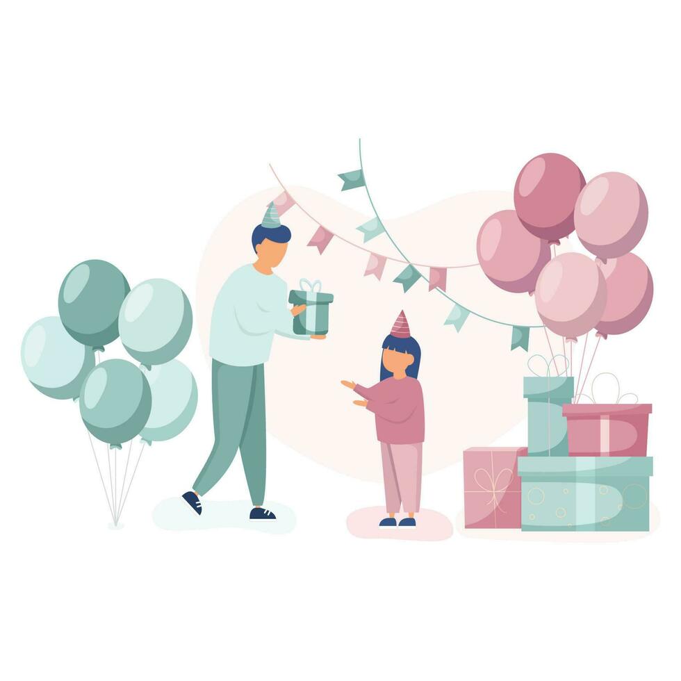 Dad and daughter celebrating birthday. Characters standing near birthday gift boxes and balloons, confetti. Happy birthday concept. vector