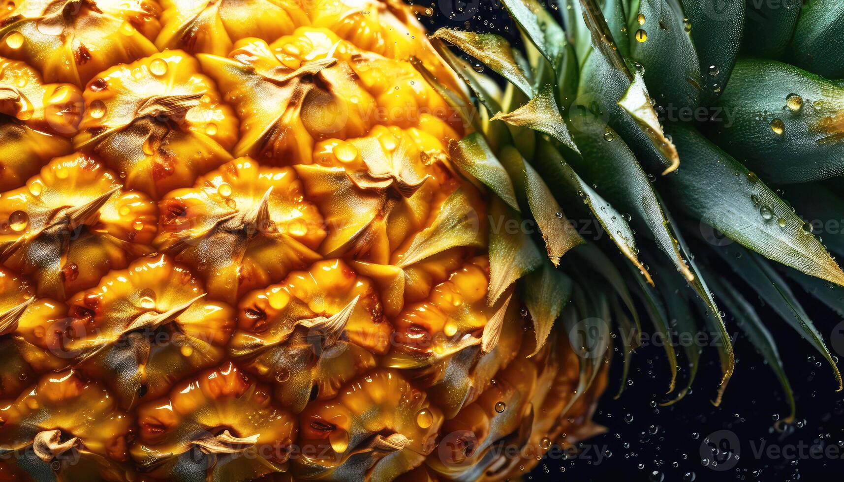 Close up of clean Pineapples with water drop in dark black background. Fresh fruit and Vegetable concept. Nutrition and vitamin theme. photo