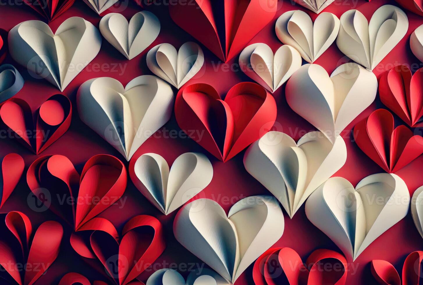 Papercut red and white hearts origami background. Love story and Valentines day wallpaper concept. photo