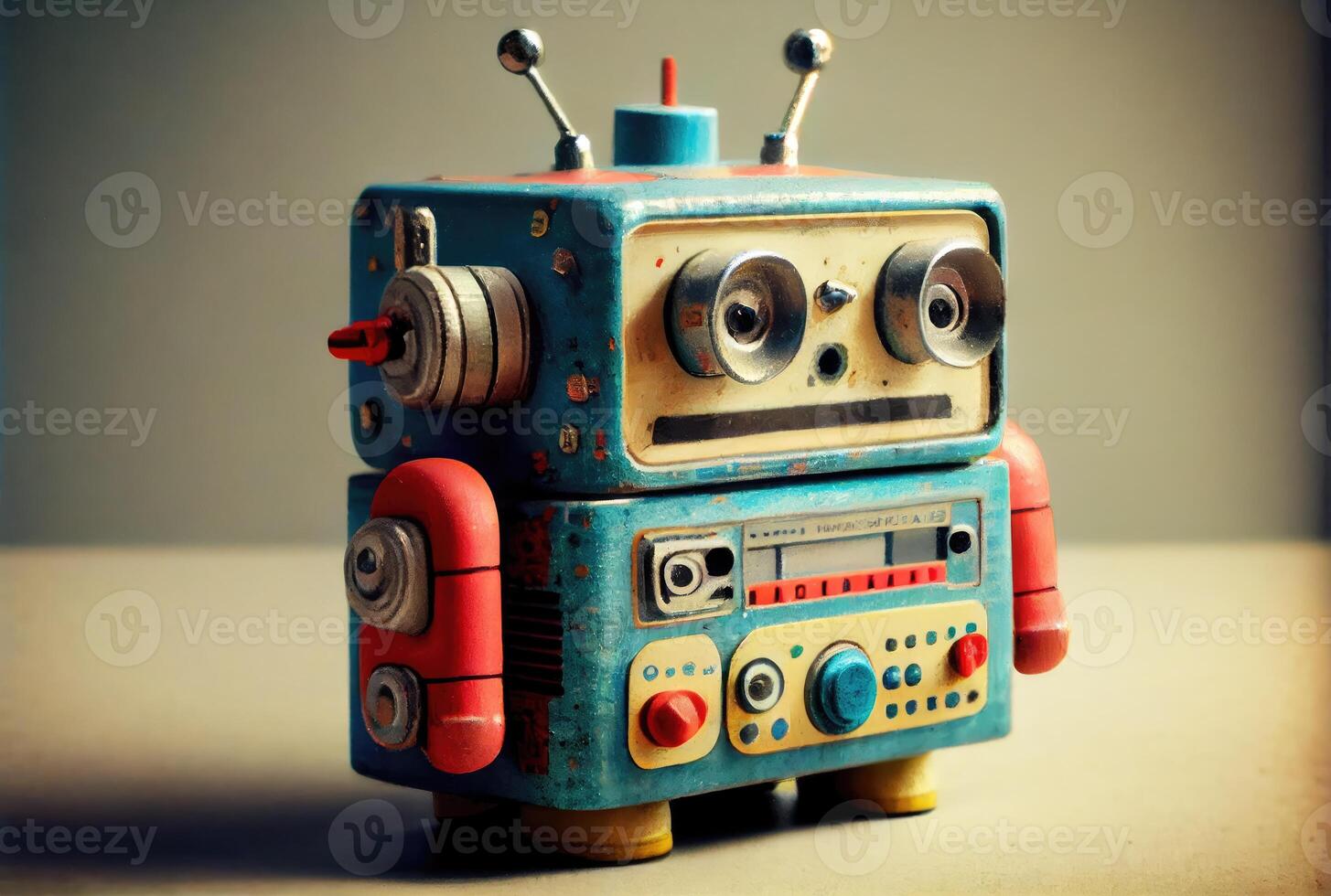 Retro tin robot toy on the minimal background. Playful and fun concept. photo