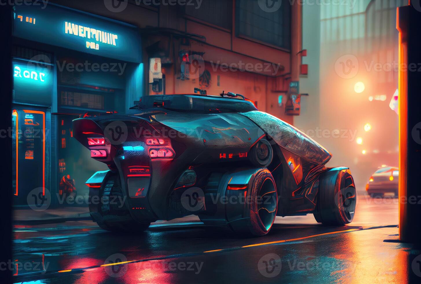 Futuristics car model in orange blue and pink color cyberpunk in dark city downtown background. Transportation and Innovative technology concept. Digital art fantasy illustration. photo