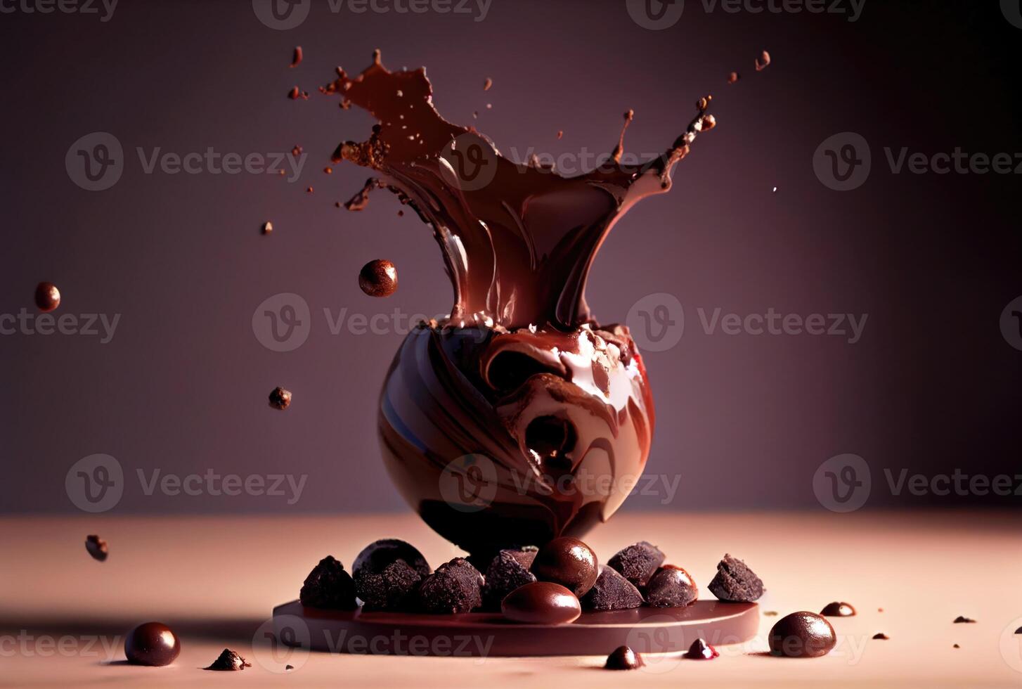 Dark chocolate ball falling on the chocolate dip and splashing on dark background. Food and dessert concept. photo