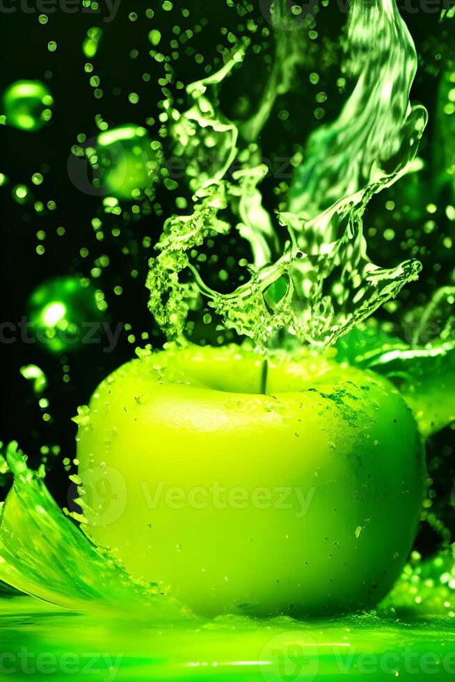 volador un manzana rebanadas con agua salpicando, generativo ai foto