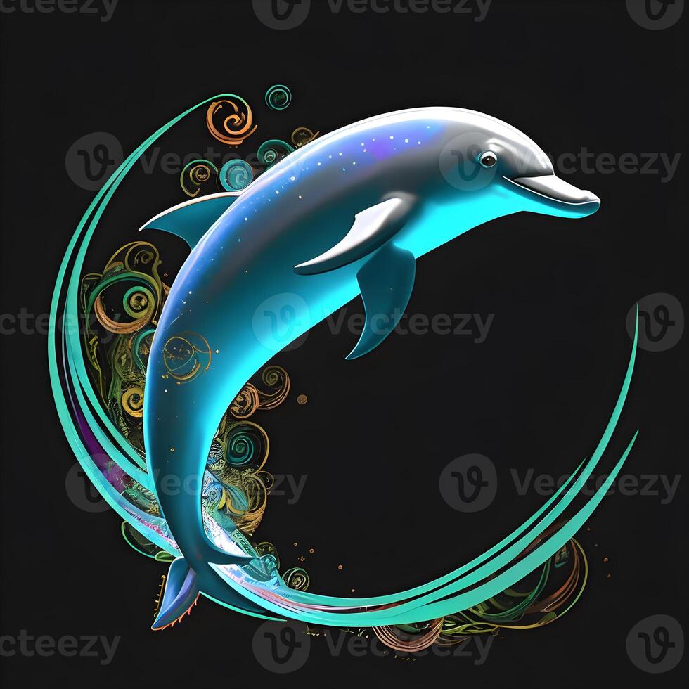 Light neon style art portrait of a dolphin, photo