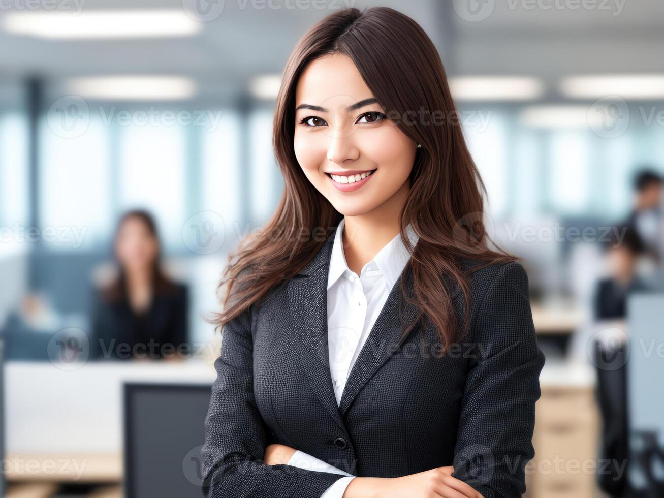 Young smiling businesswoman, standing in blur background of office. photo