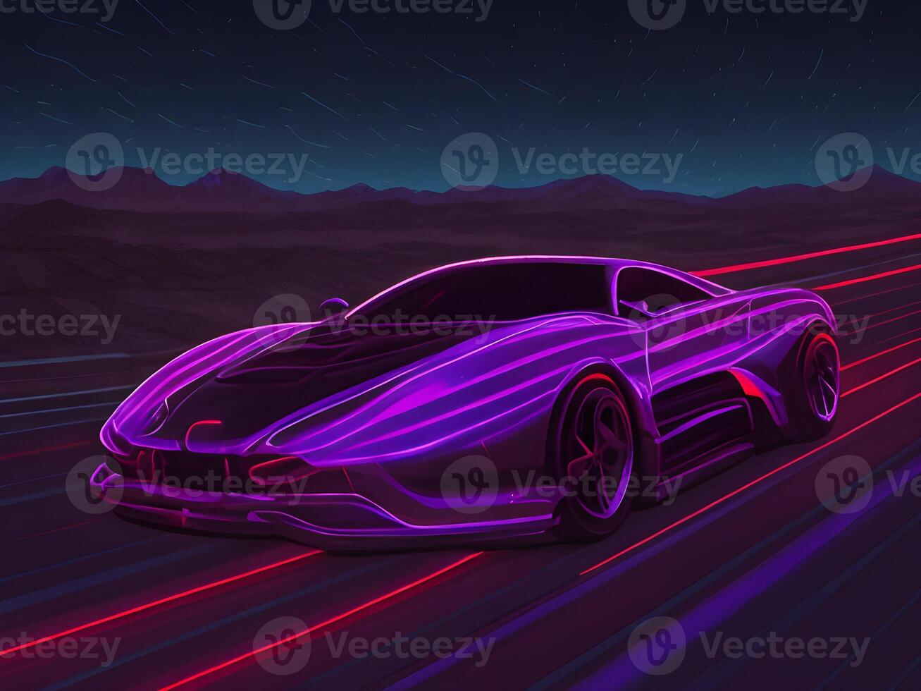 Speeding Sports Car On Neon Highway. photo