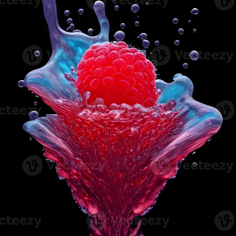 Amazing Raspberry with water splash and drops, photo