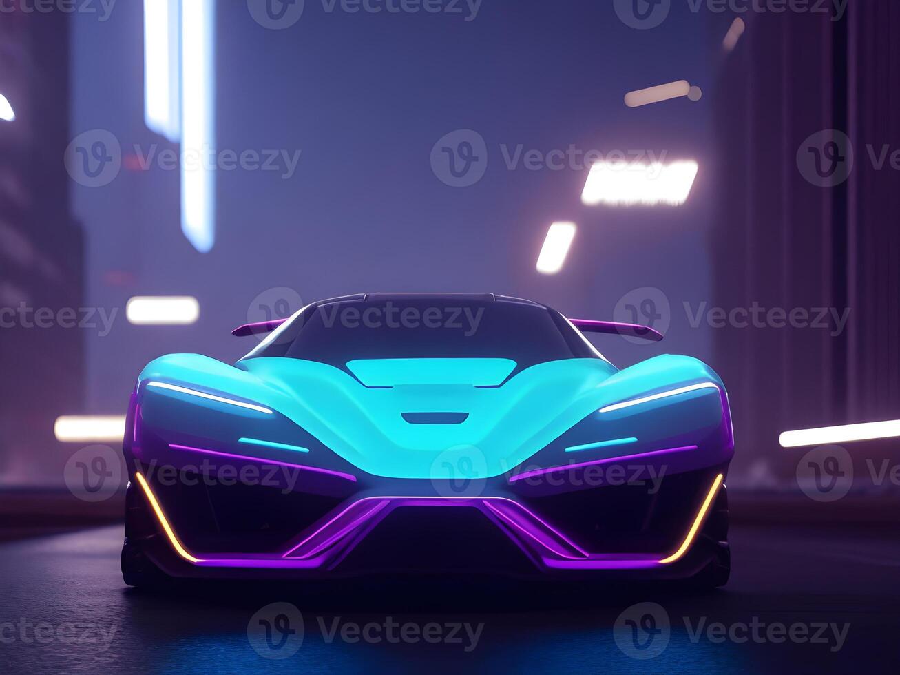 Futuristic electric concept car in cyberpunk background. photo