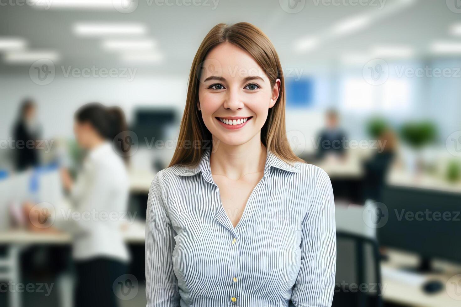 joven sonriente mujer de negocios, en pie en difuminar antecedentes de oficina. generativo ai foto