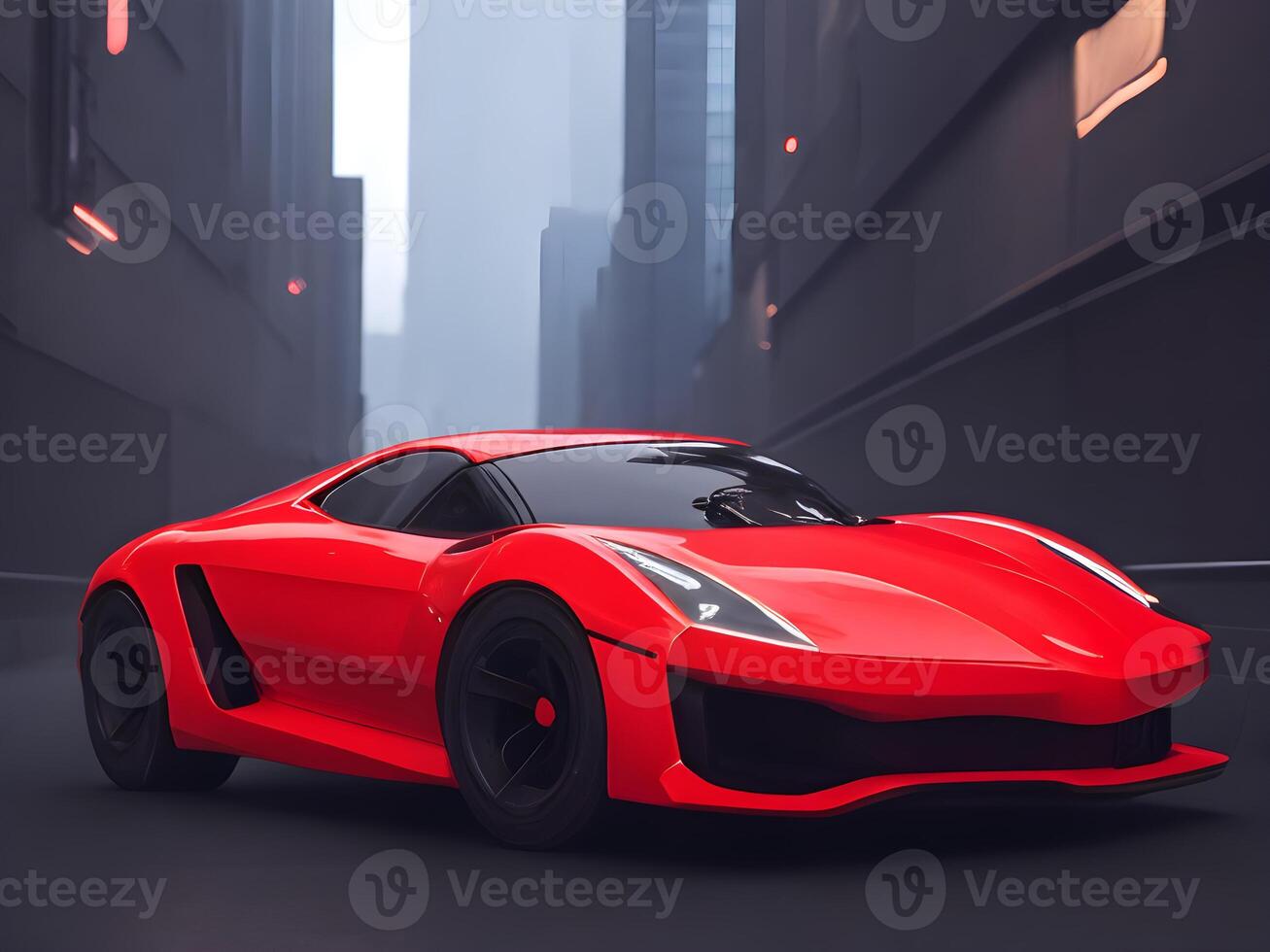 Futuristic electric concept car in city background. photo