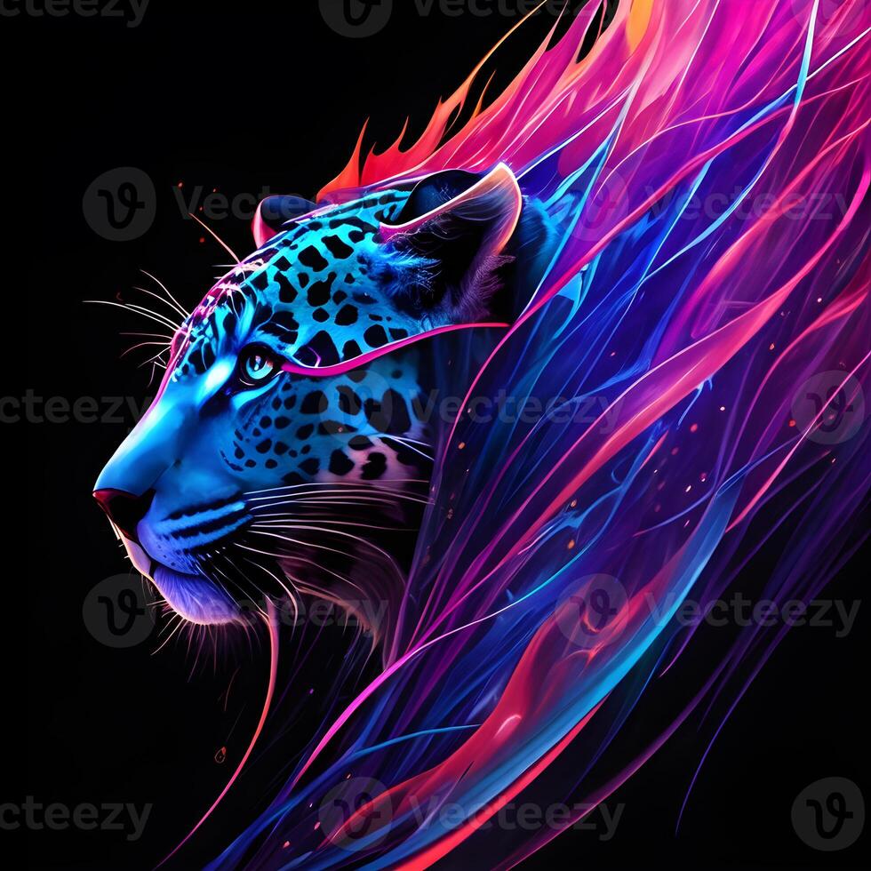 Light neon style art portrait of a jaguar, photo