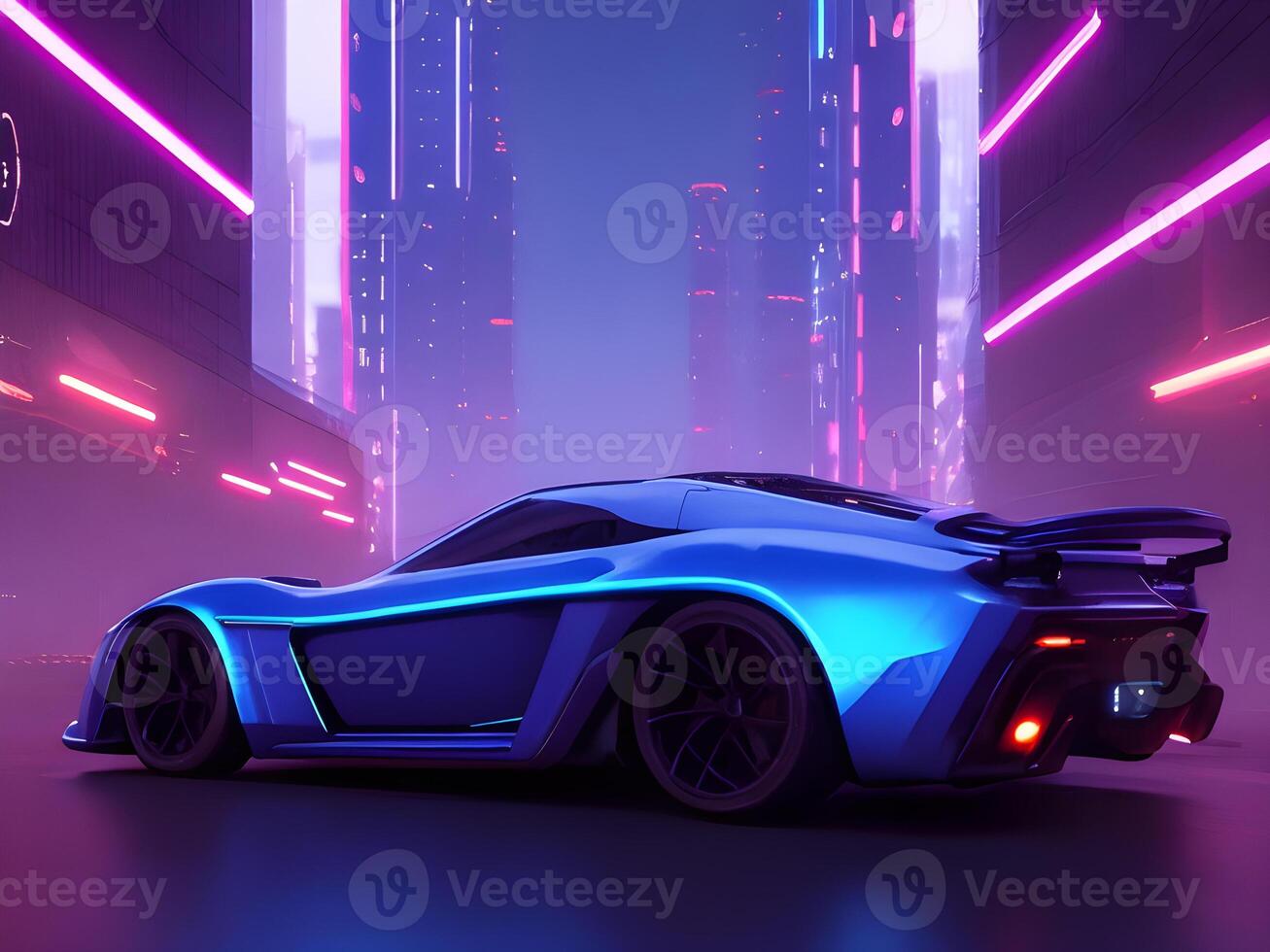 Futuristic electric concept car in cyberpunk background. photo