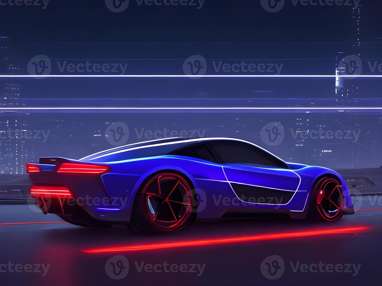 Futuristic electric concept car in cyberpunk background. photo