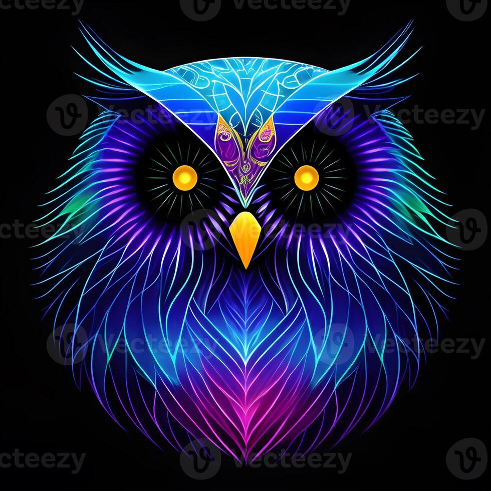 Light neon style art portrait of a owl, photo