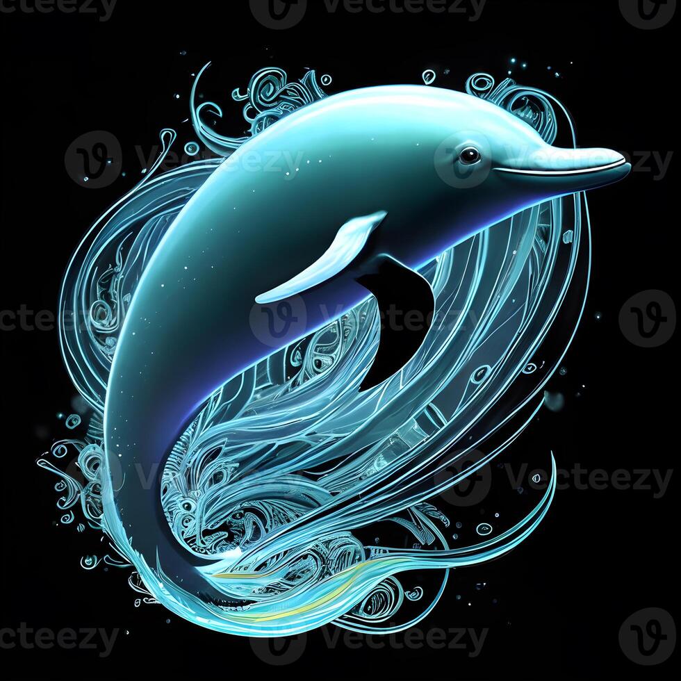 Light neon style art portrait of a dolphin, photo