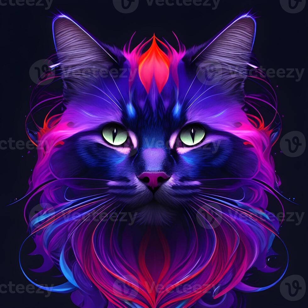 Light neon style art portrait of a cat, photo