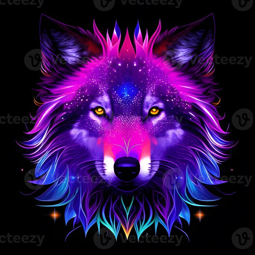 Light neon style art portrait of a wolf, photo