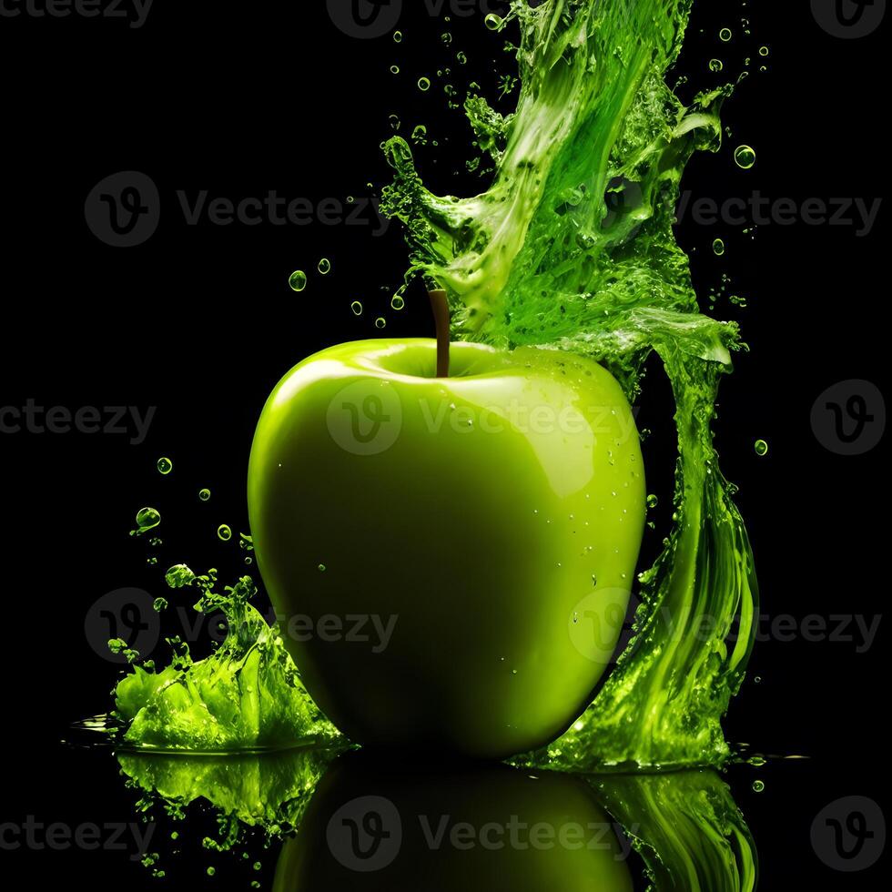 Amazing green Apple with water splash and drops isolated, photo