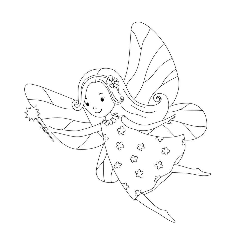 Cute little fairy with wings and magic wand isolated on white background. Vector outline illustration for coloring page