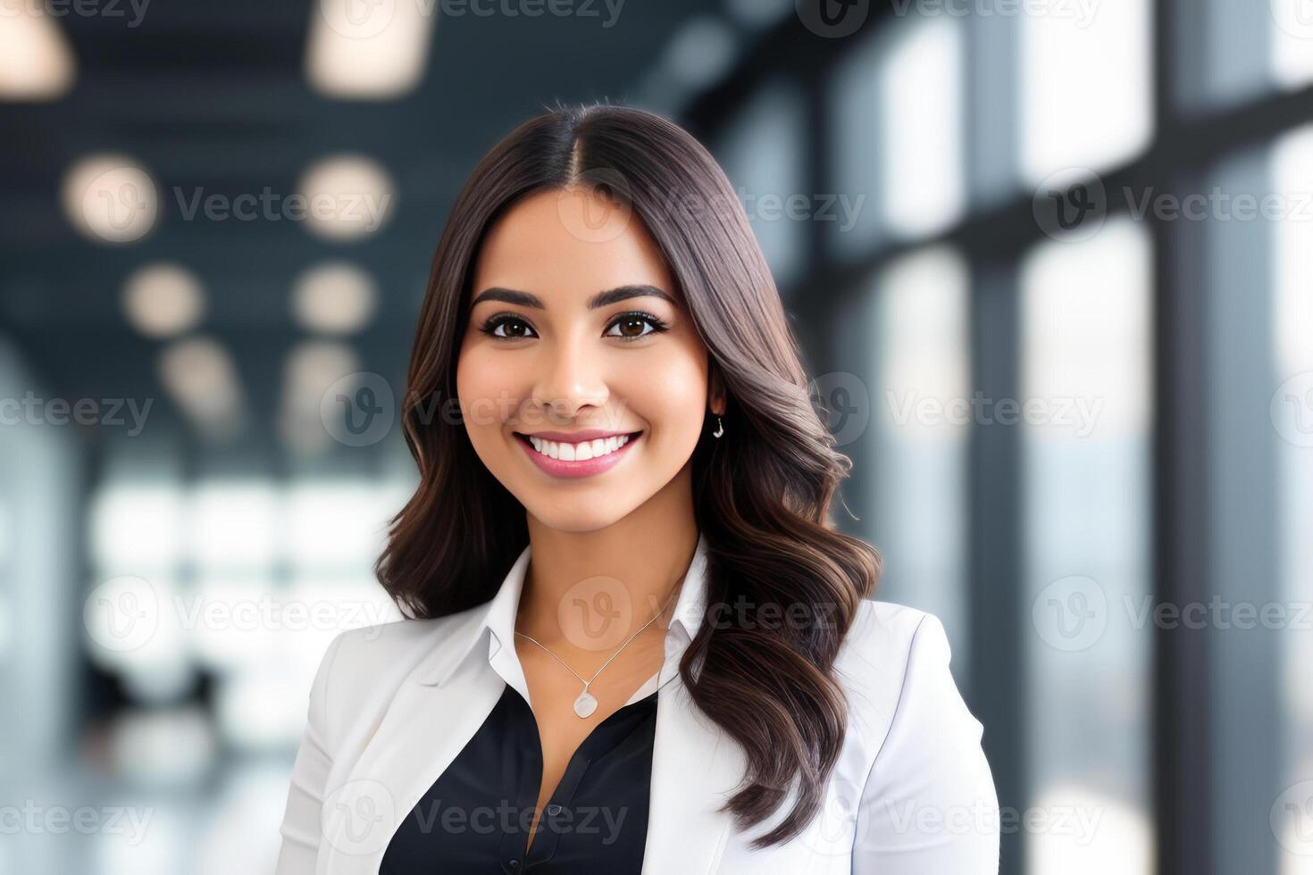 joven sonriente mujer de negocios, en pie en difuminar antecedentes de oficina. generativo ai foto