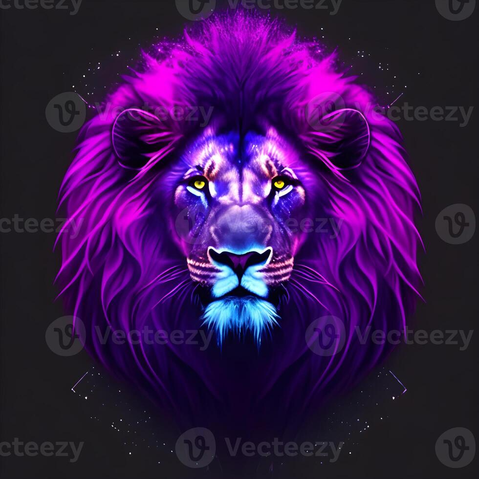 Light neon style art portrait of a lion, photo