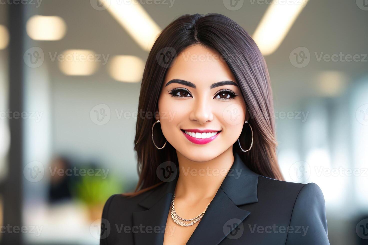 Young smiling businesswoman, standing in blur background of office. photo