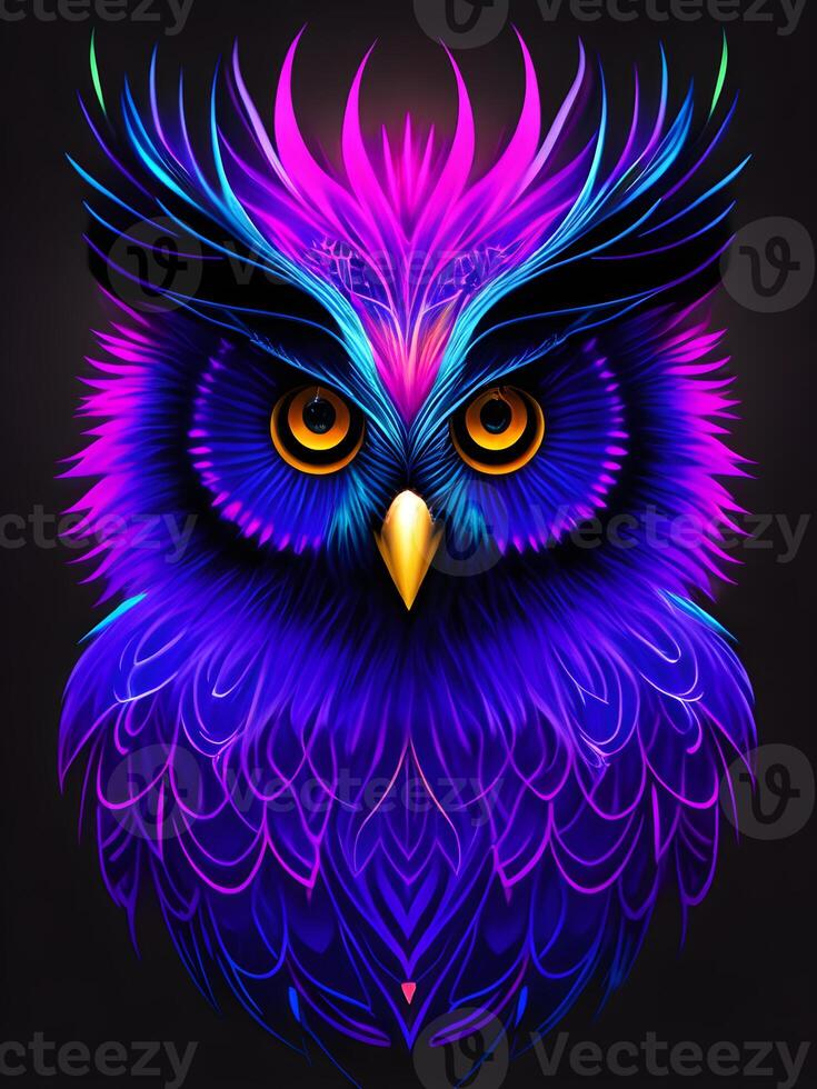 Light neon style art portrait of a owl, photo