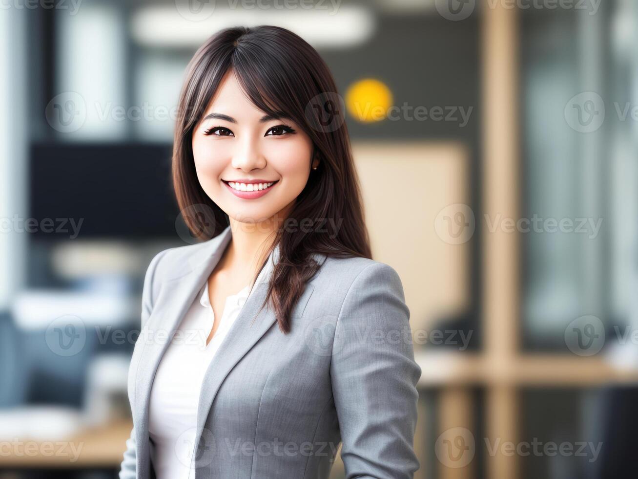 Young smiling businesswoman, standing in blur background of office. photo