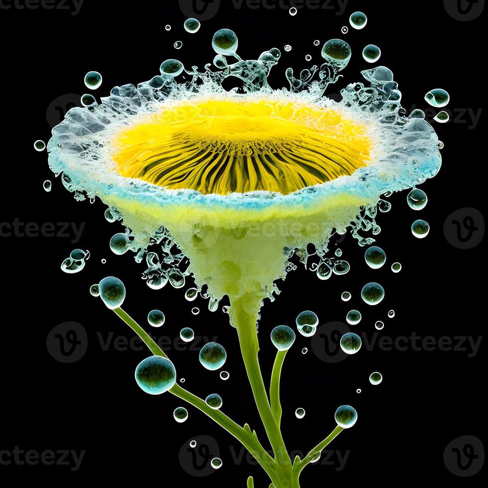 Amazing chamomile with water splash and drops, photo
