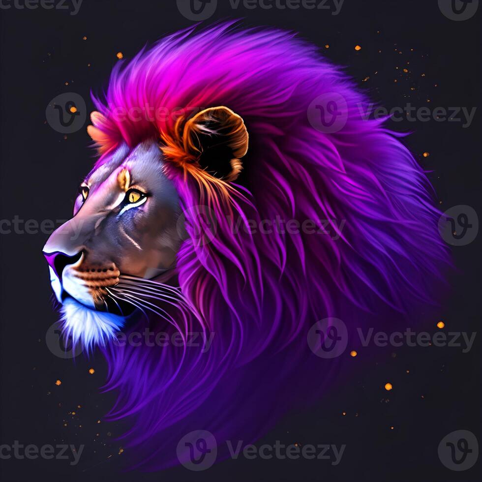 Light neon style art portrait of a lion, photo