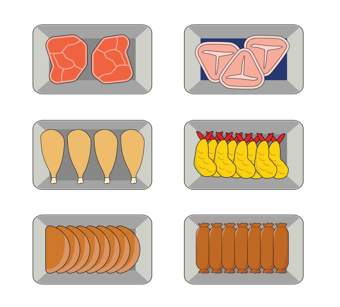 Meat and Fish Packed in Boxes Vacuum Food Packaging Film vector