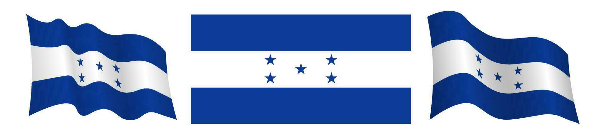 bandera de república de Honduras en estático posición y en movimiento, revoloteando en viento en exacto colores y tamaños, en blanco antecedentes vector