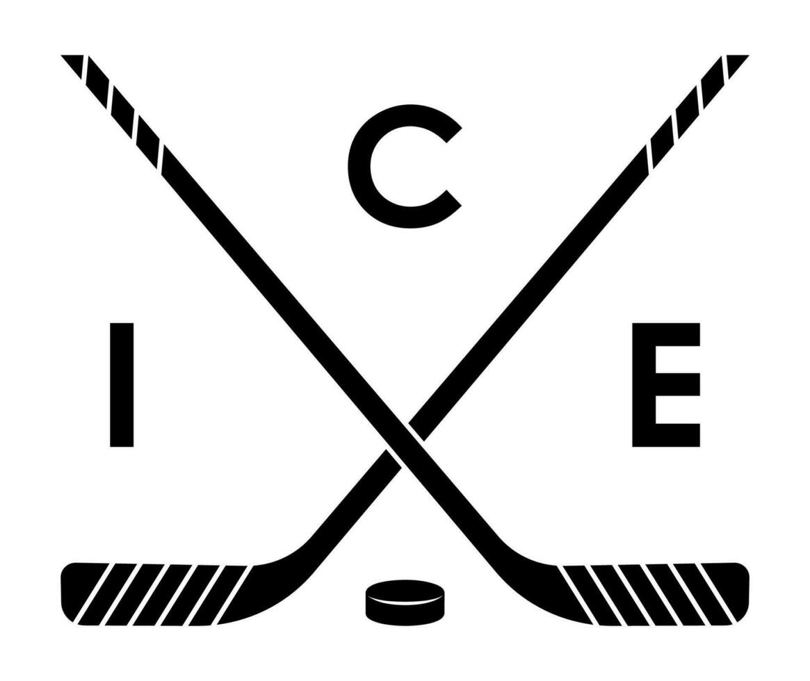 symbol, emblem of crossed sports sticks and black rubber puck for ice hockey for competition. Hockey sports equipment. Active lifestyle. Vector