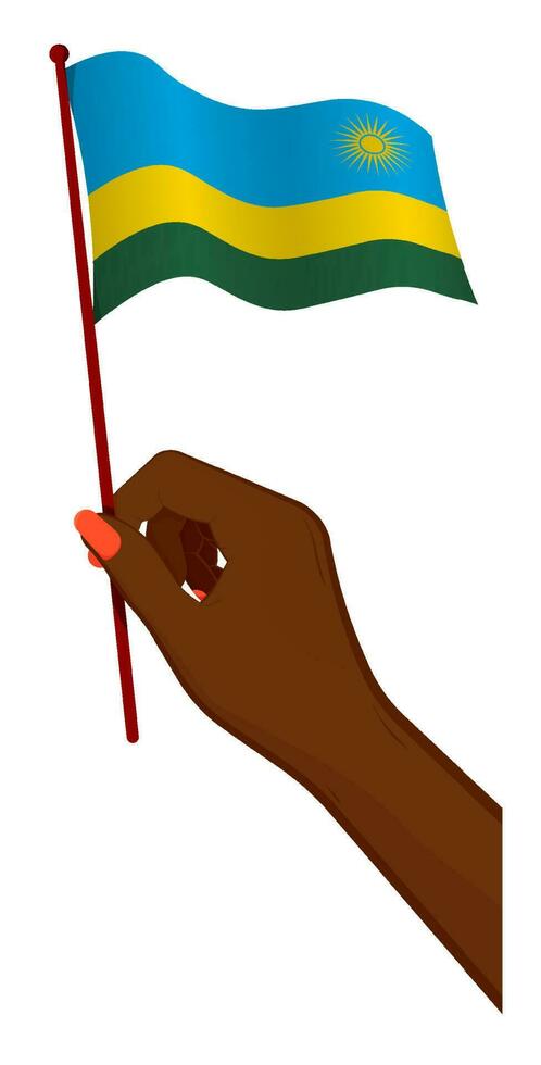 Female hand gently holds small flag of republic of Rwanda. Holiday design element. Cartoon vector on white background