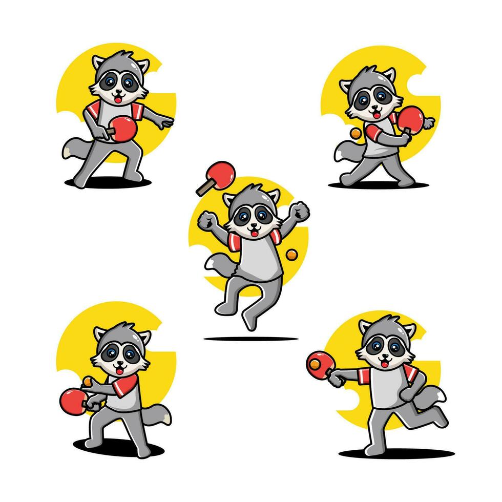 linda mapache jugando mesa tenis mascota personaje conjunto vector