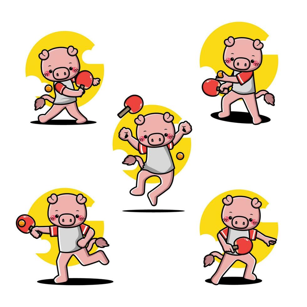 Cute Pig Playing Table Tennis Mascot Character Set vector