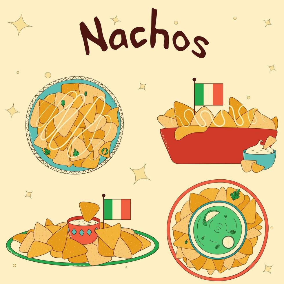 conjunto de mexicano tradicional alimento. nachos vector ilustración en mano dibujado estilo