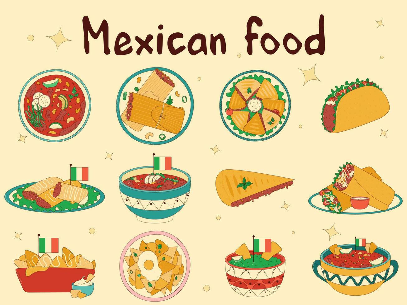 Set of Mexican traditional food. Vector illustration in hand drawn style