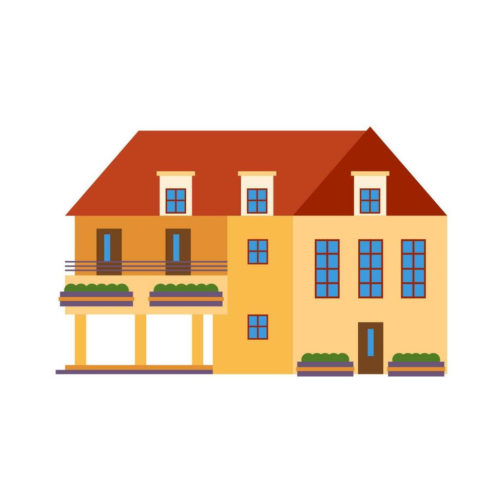 dos pisos moderno tudor estilo casa. un casa con amarillo pintar. un casa con ventanas en el techo. vector