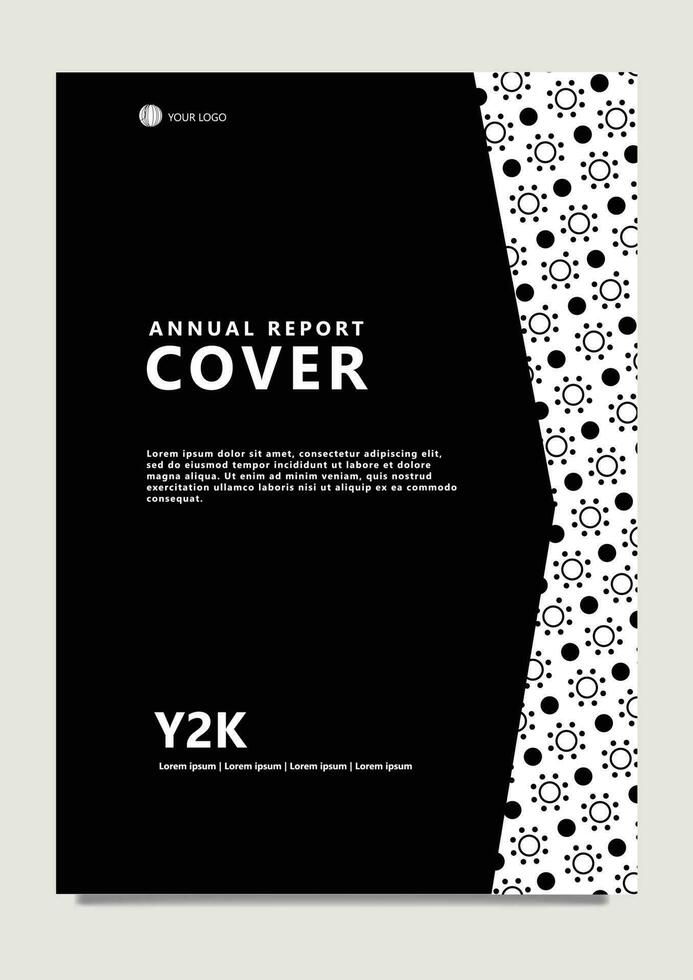 Black colored abstract annual report cover template with black and white pattern decoration. vector