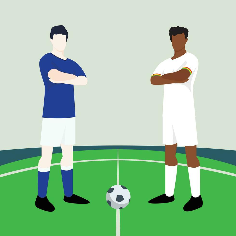 Match preview displaying two male footballers within a football field vector illustration. Italy vs Ghana.