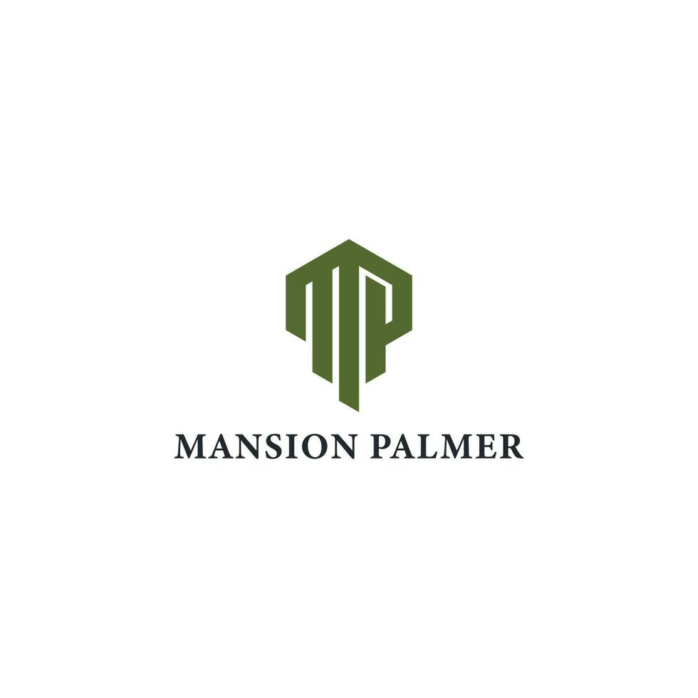 Abstract initial letter MP or PM logo in green color isolated in white background. Initial letter MP, minimalist line art hexagon logo, green color on white background. vector