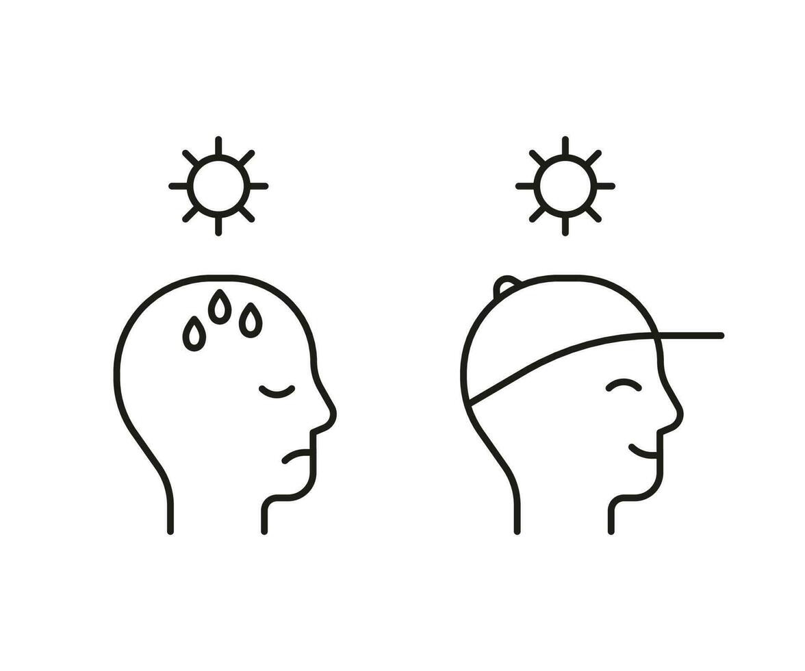 Risk to have heat stroke from sun. Protection from sunstroke with hat. High body temperature, sweat, headache, dehydration. Vector illustration