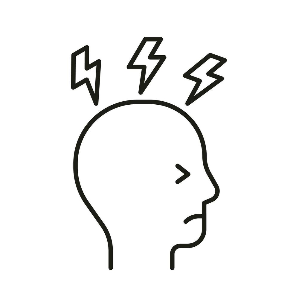 Head profile with stress, bad mental health and mood, line icon. Face with storm and lightning. Mind, psychology. Vector illustration