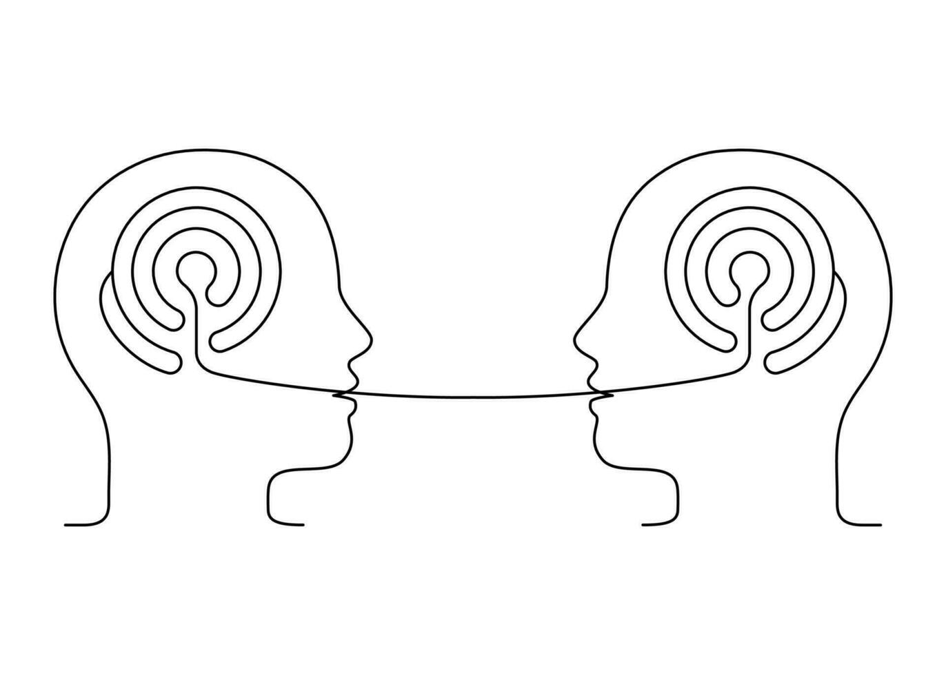 People talk, logic speech, understanding conversation, outline. Maze logic thinking brain. Psychotherapy communication. Conversation two person, dialog speak. Vector continuous line