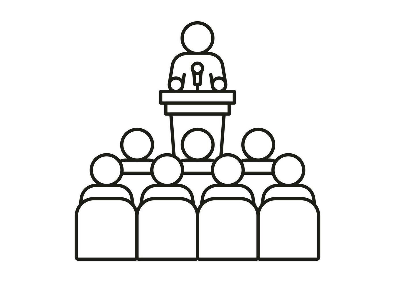 Lector man speech behind podium on conference with audience spectator, line icon. Speaker on tribune by leader, businessman, teacher talking before of people spectators back. Vector outline