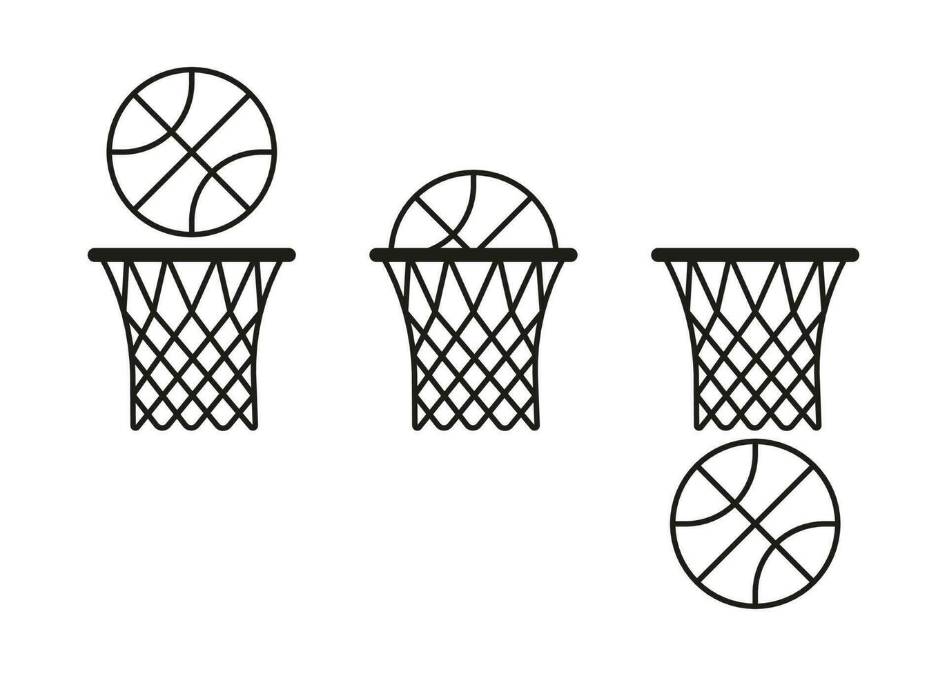baloncesto pelota golpes aro con red icono. preciso golpear, lanzar a objetivo. Deportes juego con meta. golpear pelota en anillo, éxito. vector ilustración